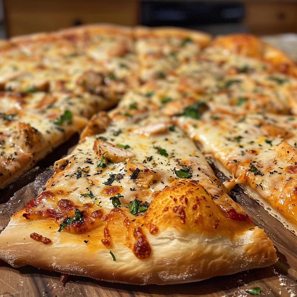 Garlic Parmesan Chicken Pizza 3 Delicious Garlic Parmesan Chicken Pizza topped with chicken, garlic, and parmesan cheese.