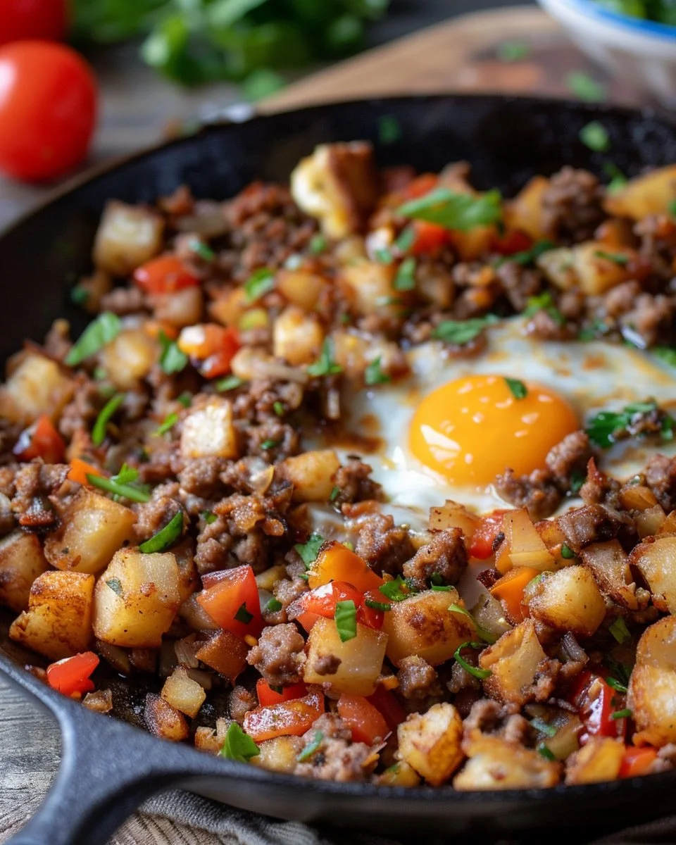 A hearty bowl of Hamburger Hash with ground beef and potatoes