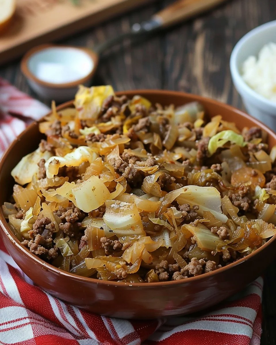 Delicious hearty cabbage and ground beef dish served in a bowl
