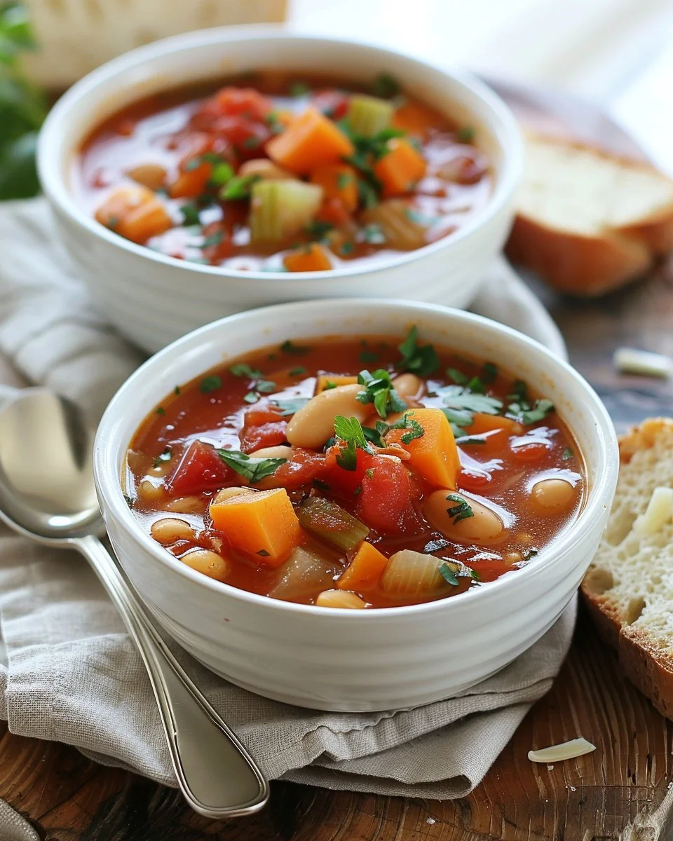 Bowl of hearty vegetable soup with fresh vegetables and herbs