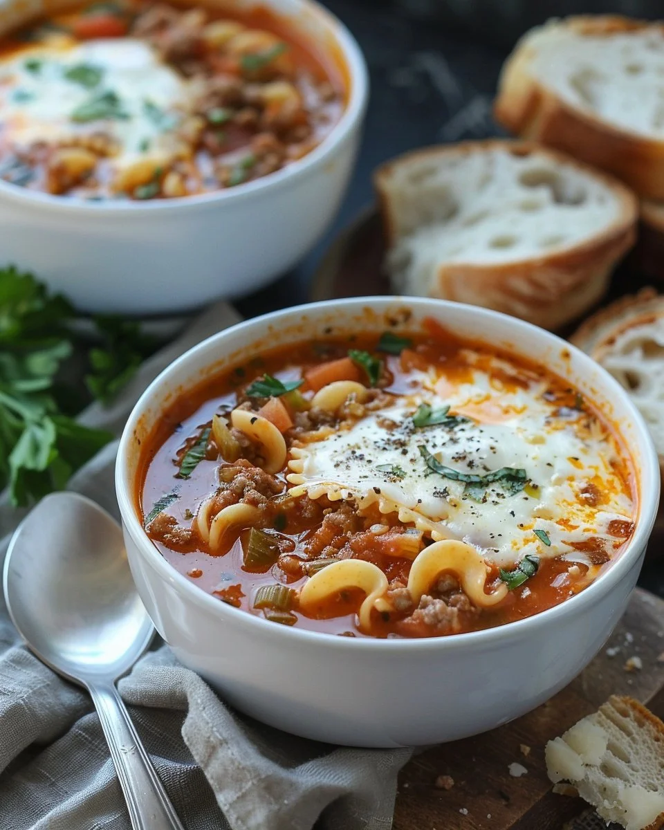 Bowl of high protein lasagna soup garnished with herbs and cheese.