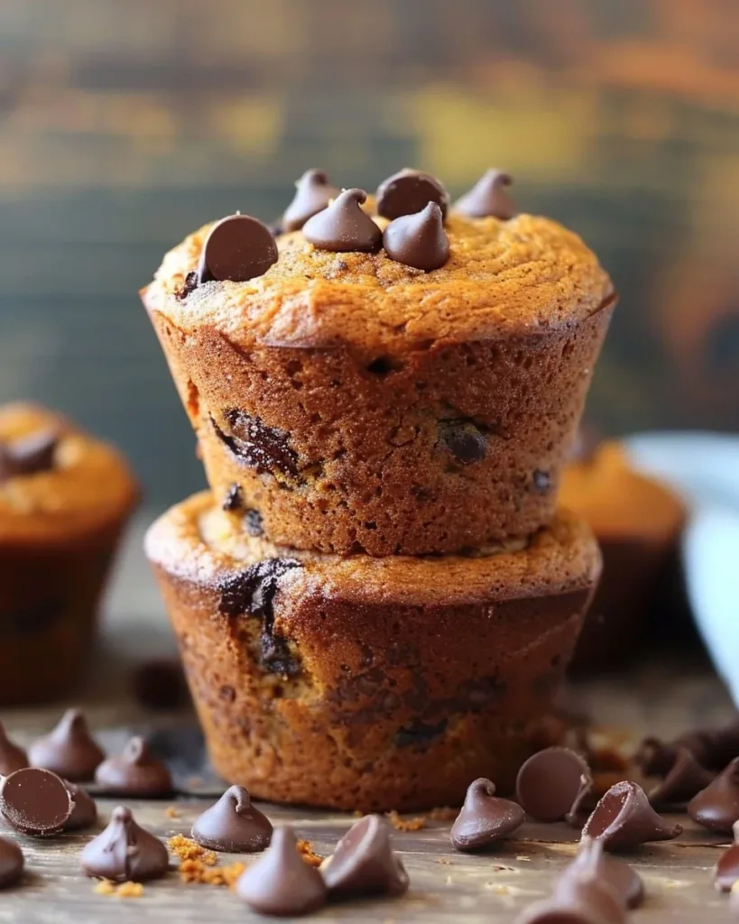 High protein pumpkin muffins displayed on a wooden table with spices and pumpkin