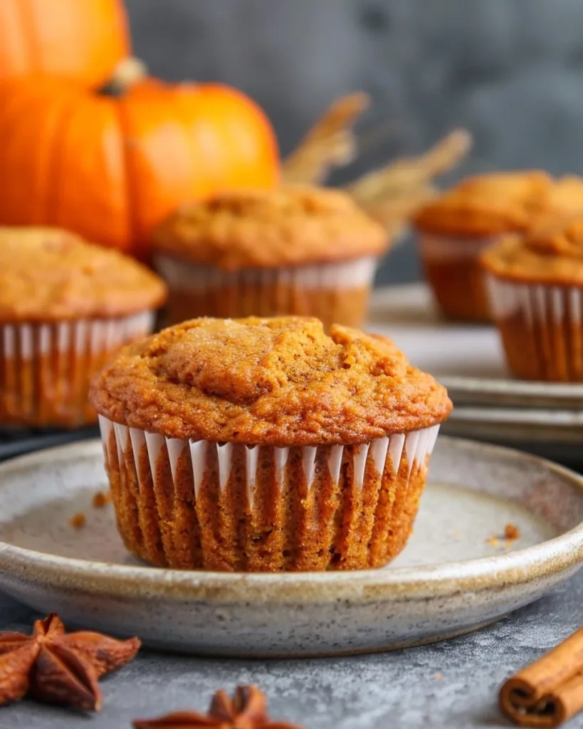 High protein pumpkin muffins baked and served on a wooden table