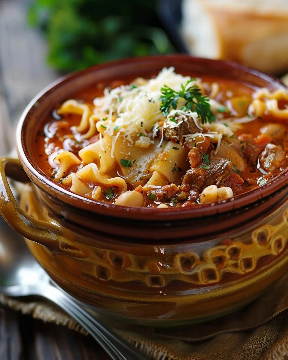 Bowl of hearty lasagna soup with pasta, cheese, and fresh herbs