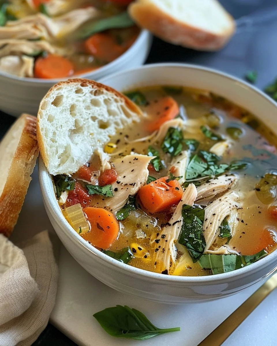 Bowl of Marry Me Tuscan Chicken Soup garnished with herbs and served warm