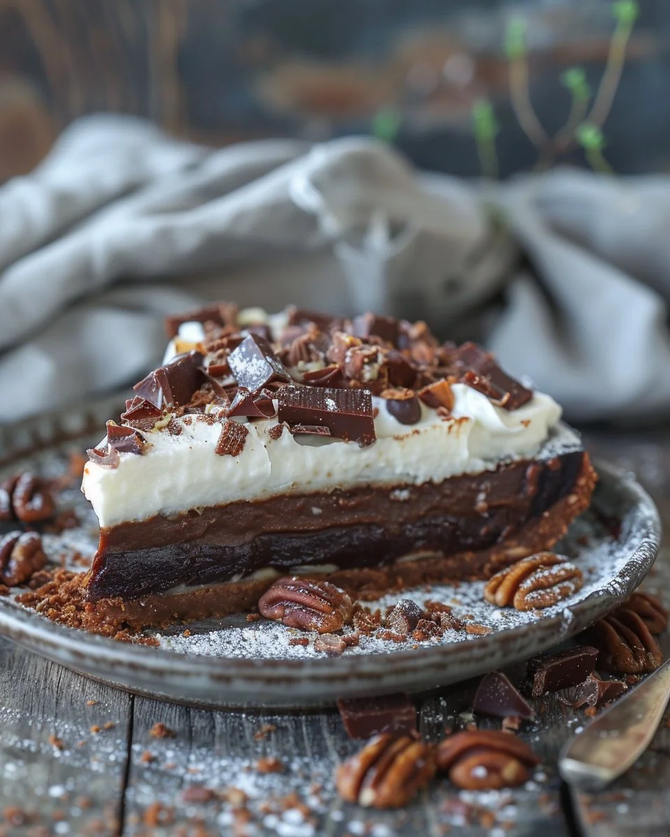 Delicious homemade Mississippi Mud Pie with chocolate layers and marshmallows.