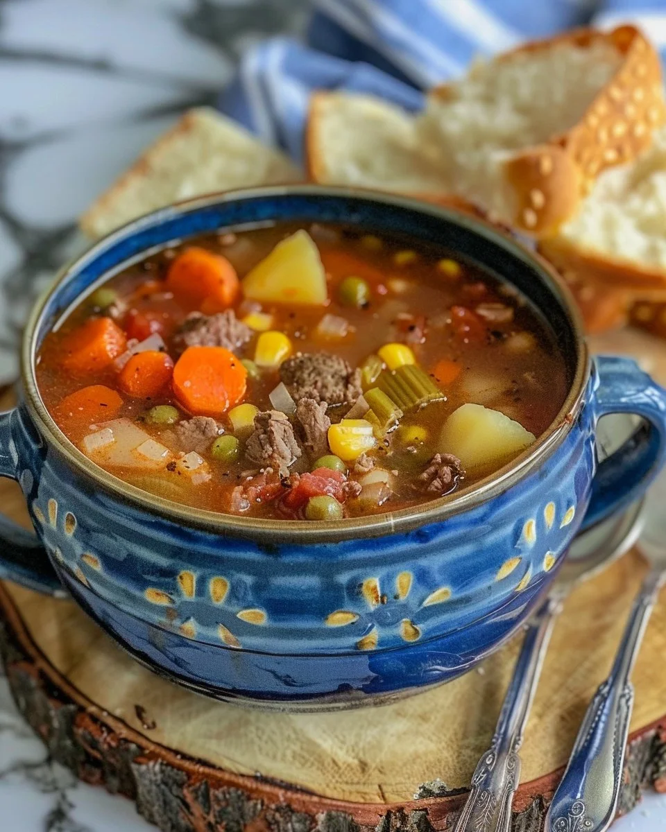 Bowl of My Mom's Old-Fashioned Vegetable Beef Soup with fresh vegetables and beef.