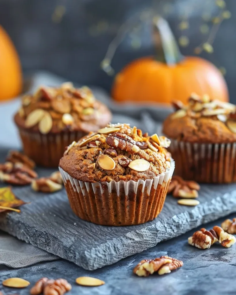 Oat flour pumpkin muffins topped with pumpkin seeds on a wooden table
