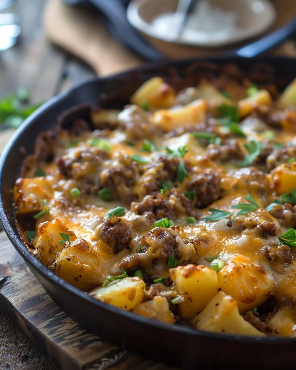 One-pan cheesy meat and potato skillet dish cooked in a skillet.