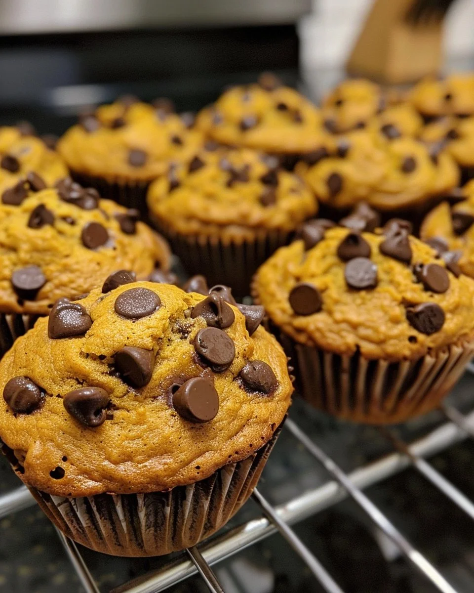 Delicious homemade pumpkin chocolate muffins with chocolate chips and spices