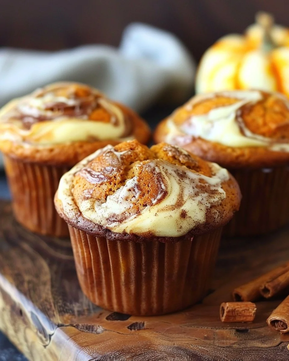 Delicious Pumpkin Cream Cheese Swirl Muffins on a rustic table