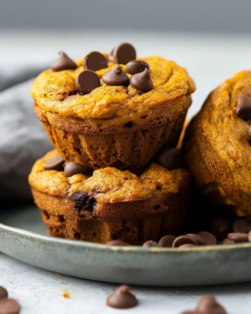 Delicious Pumpkin Protein Muffins topped with nuts and served on a wooden plate