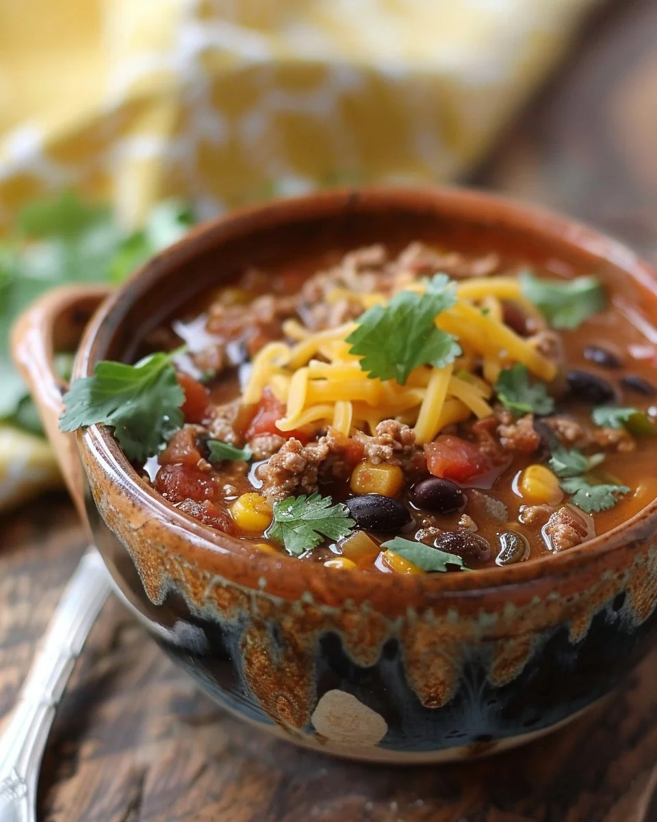 Bowl of flavorful Taco Soup topped with cheese and cilantro