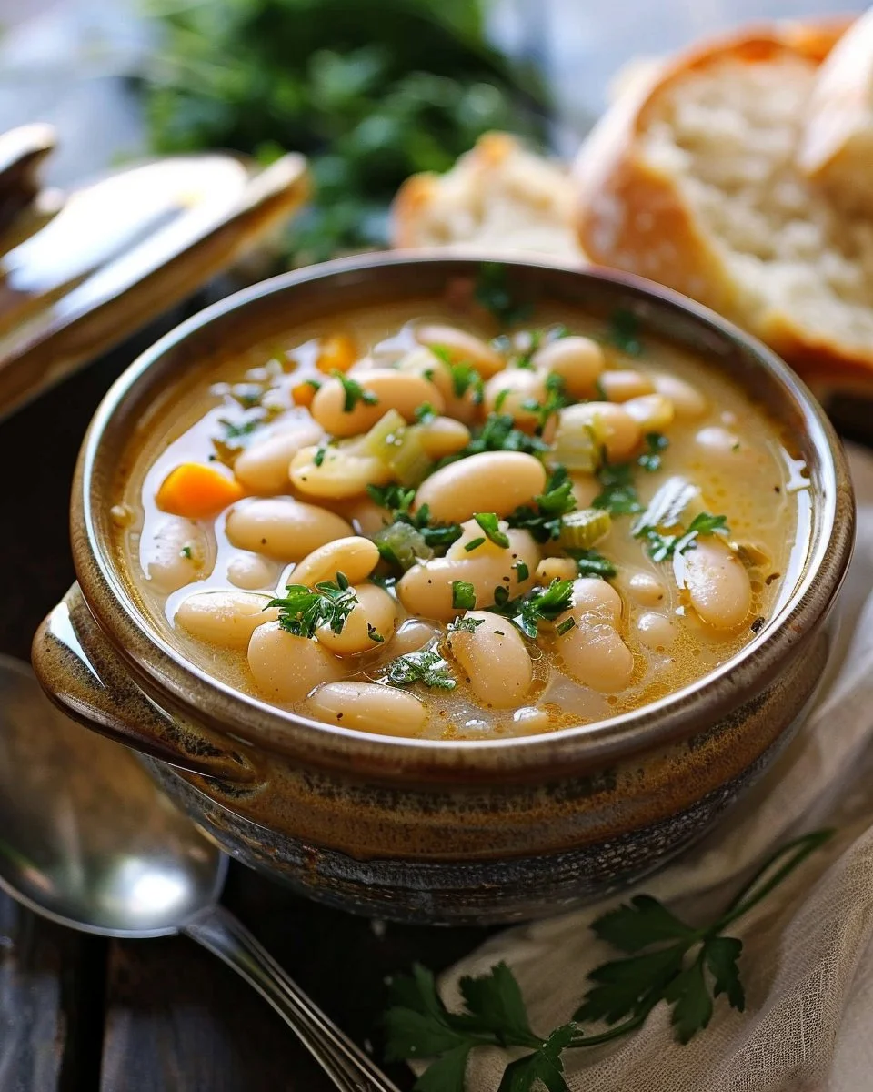 Delicious bowl of creamy white bean soup topped with herbs and spices