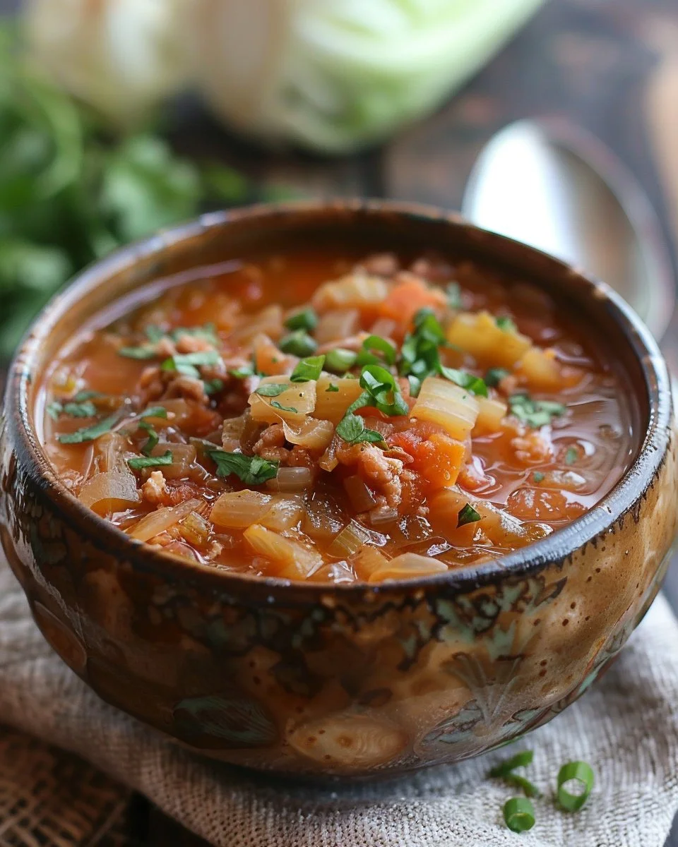 Bowl of hearty unstuffed cabbage roll soup with fresh herbs on top
