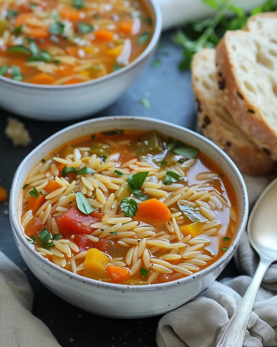 Bowl of comforting Vegetable Orzo Soup with fresh vegetables and herbs