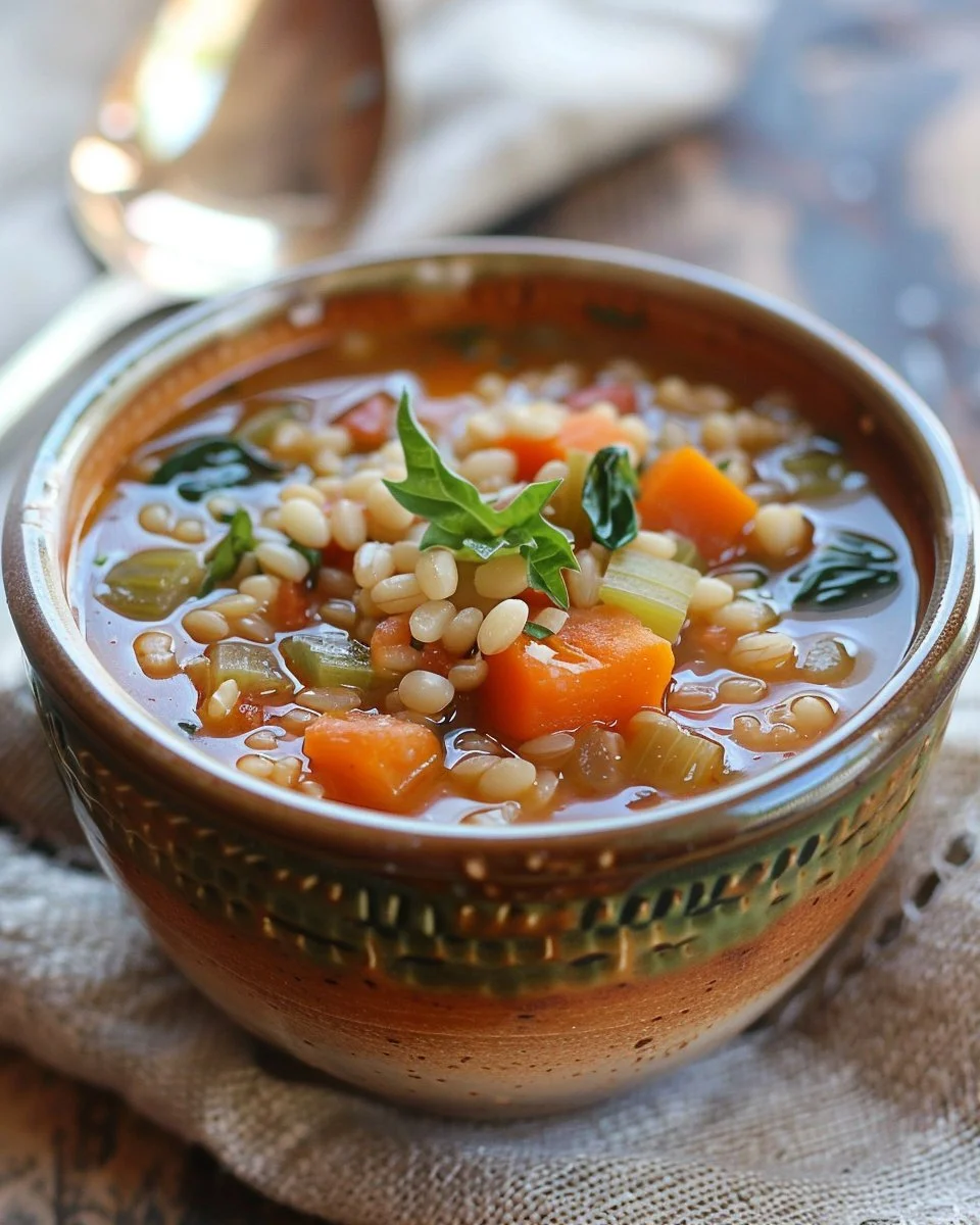 Delicious veggie barley soup packed with healthy vegetables and barley grains.