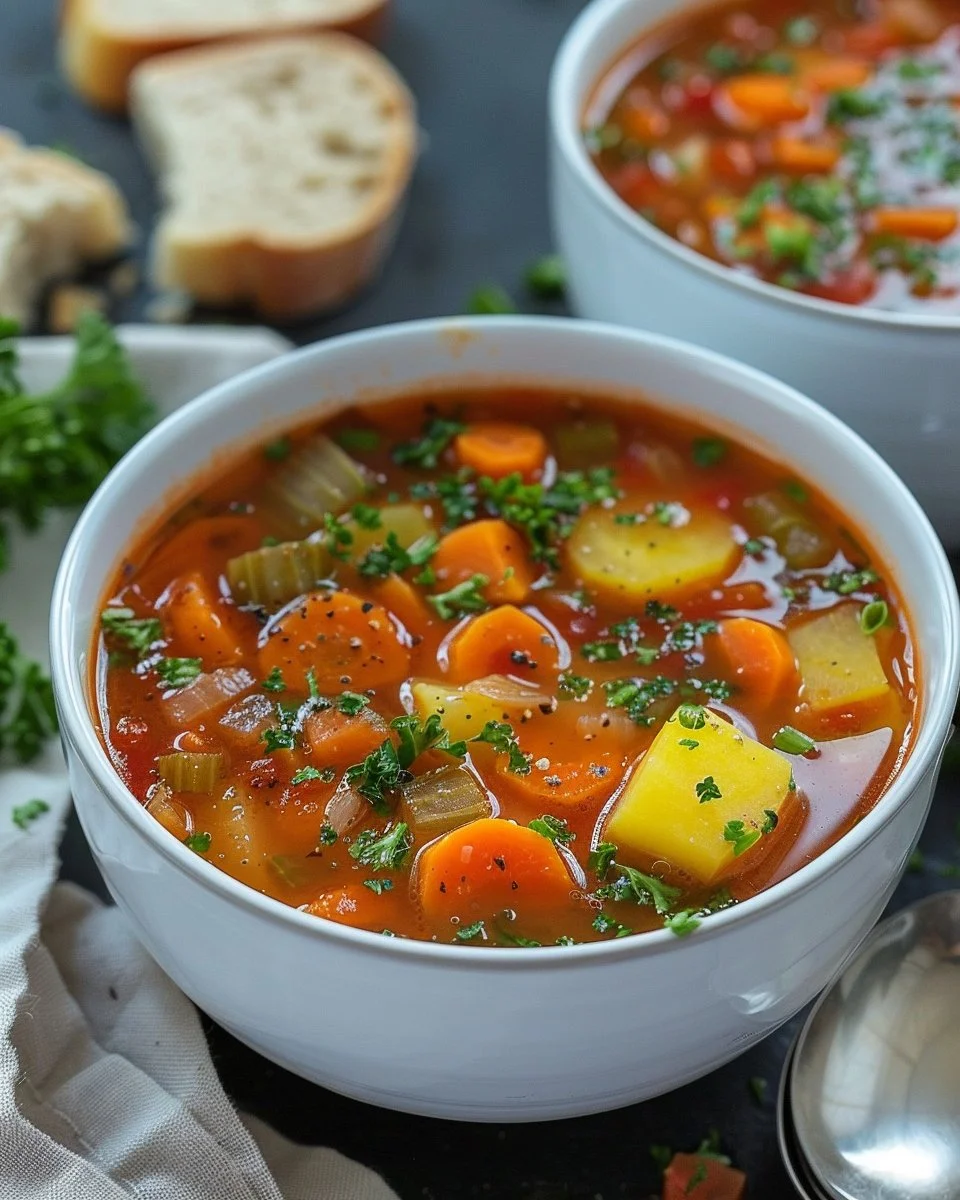 A bowl of healthy, colorful weight loss soup filled with vegetables and herbs.