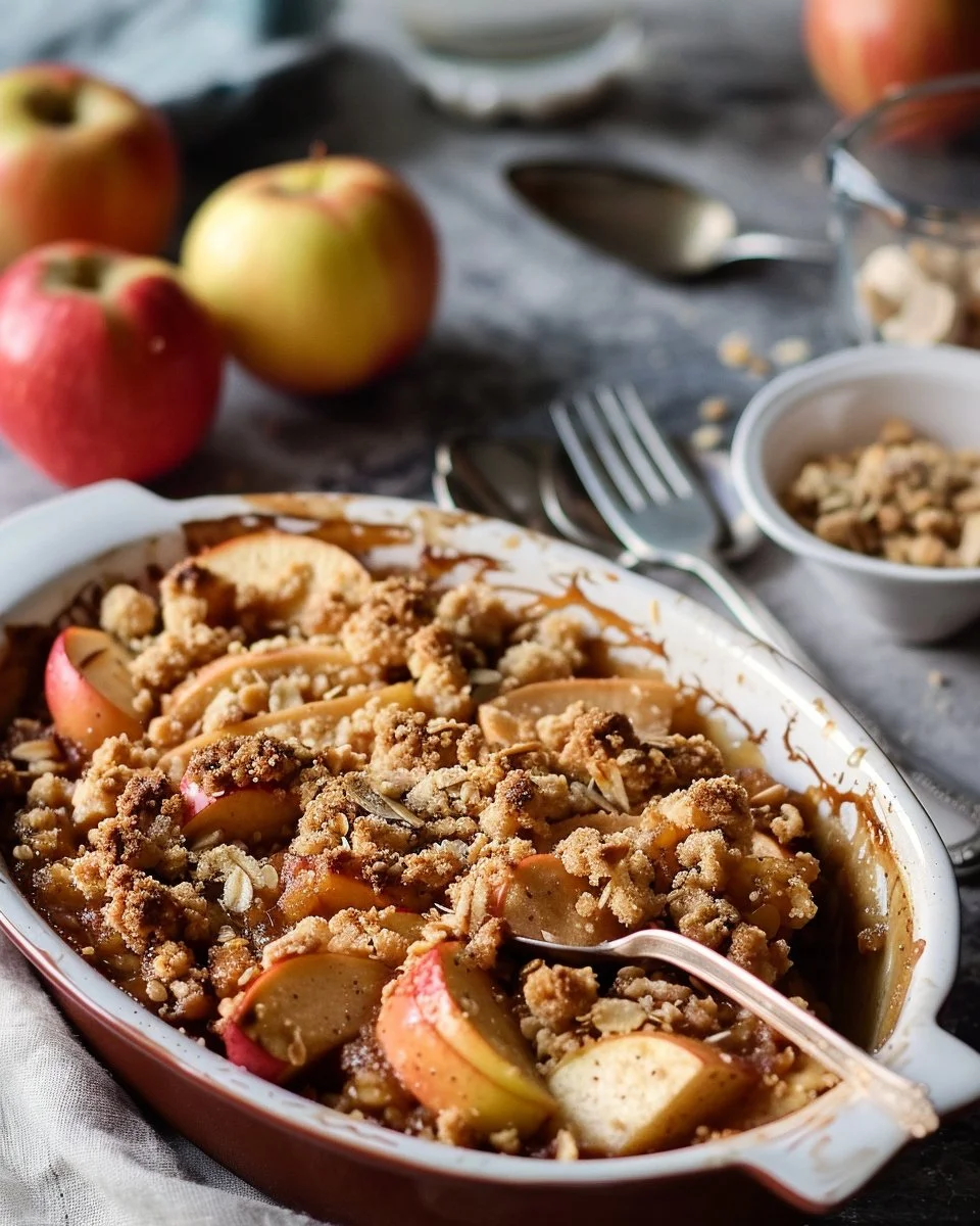 Delicious homemade Apple Brown Betty dessert topped with spiced apples and crumbs.