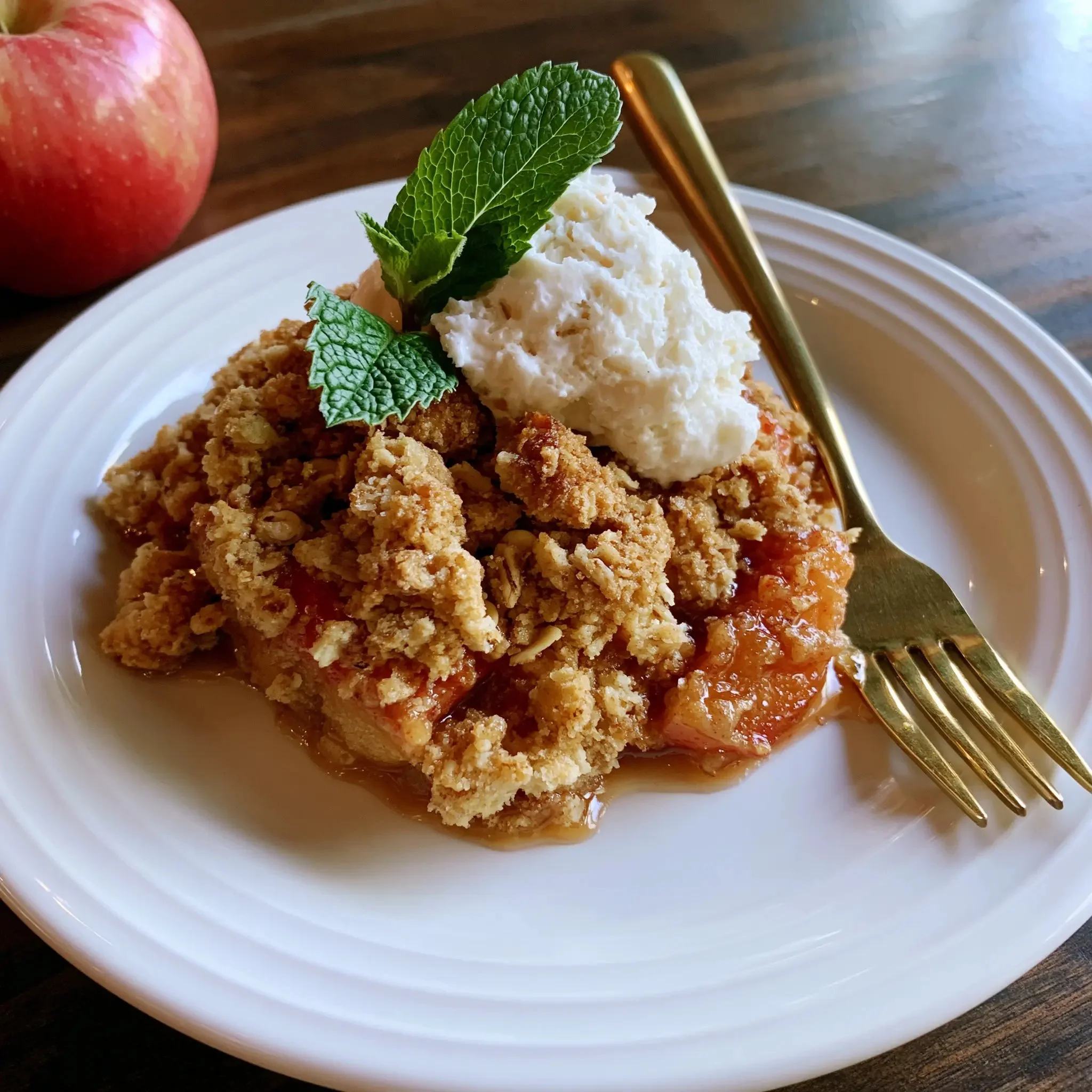 Delicious homemade apple crisp dessert with a golden topping and fresh apples.