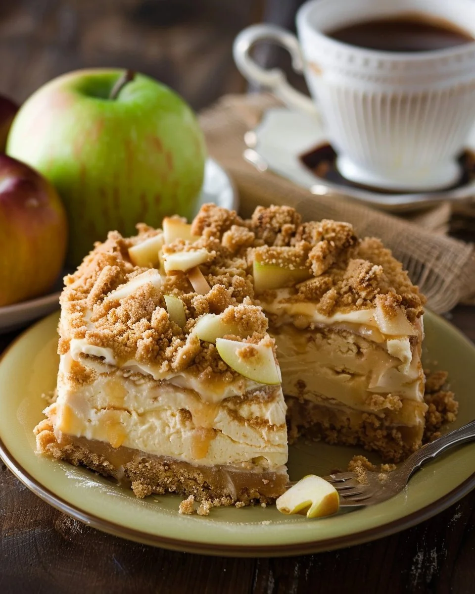Delicious apple crisp cheesecake topped with crunchy apple topping and caramel drizzle.