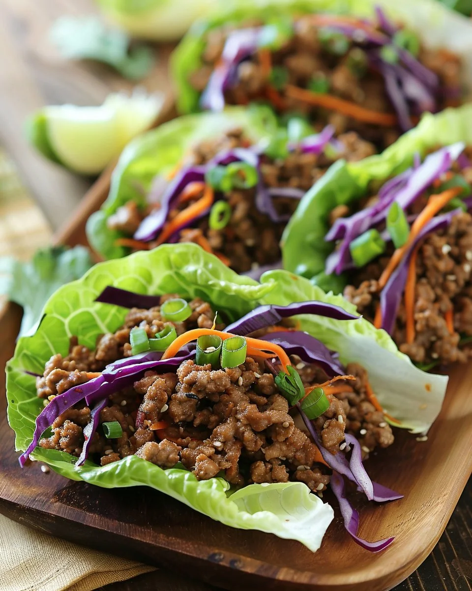 Plate of Asian-style ground beef lettuce wraps filled with vegetables
