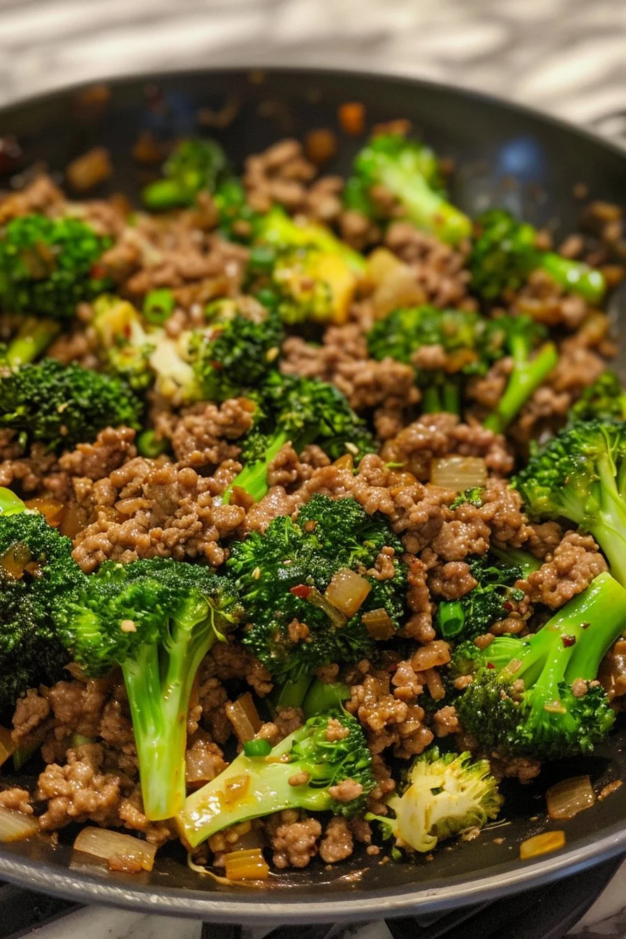 Plate of beef and broccoli in delicious sauce, easy Chinese take-out meal