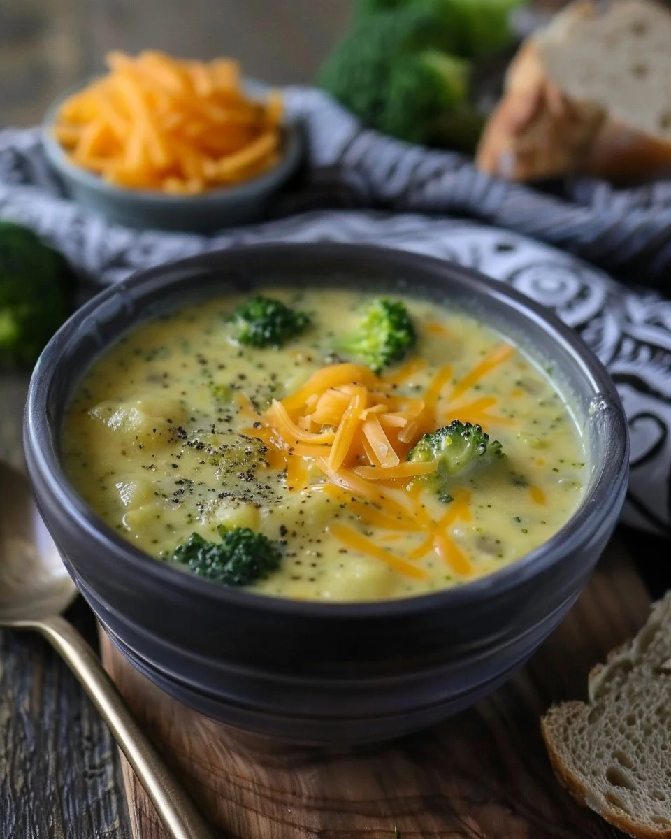 Creamy broccoli potato cheese soup in a bowl garnished with fresh herbs