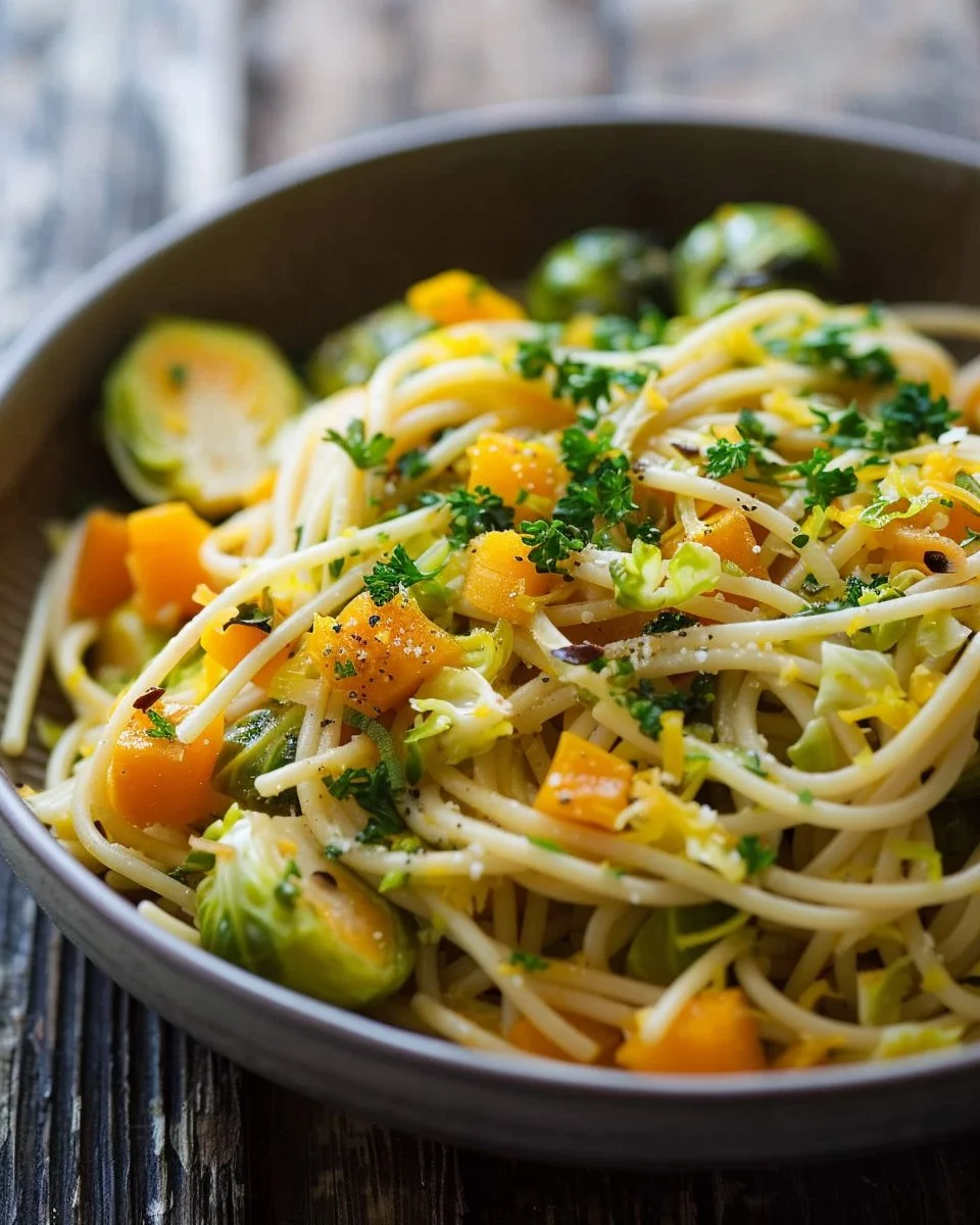 Brussels sprouts and butternut squash pasta dish garnished with herbs