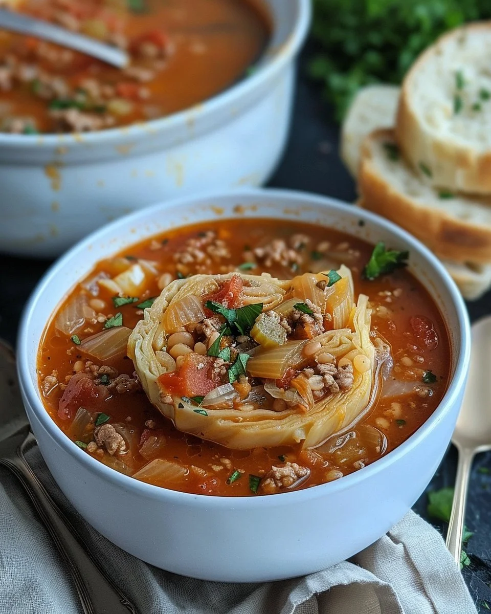 Bowl of hearty cabbage roll soup garnished with fresh herbs.