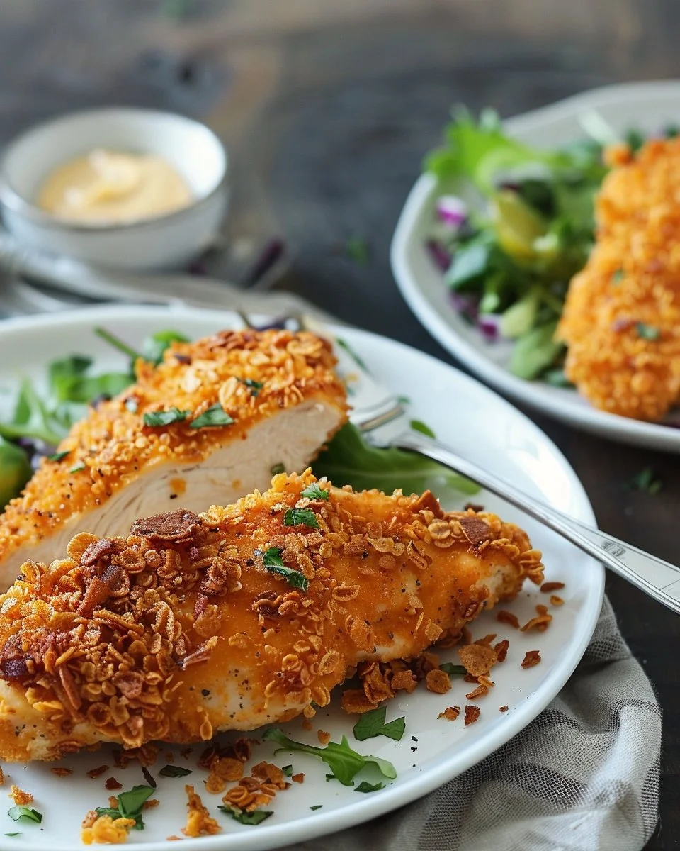Delicious Cornflake-Crusted Chicken freshly baked and served on a plate