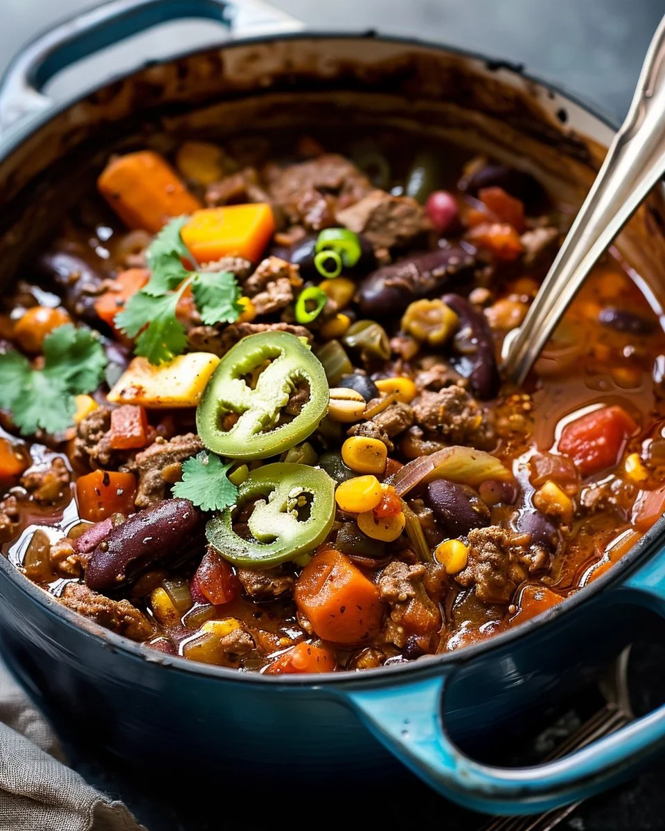 A bowl of Cowboy Stew featuring beans, meat, and vegetables.