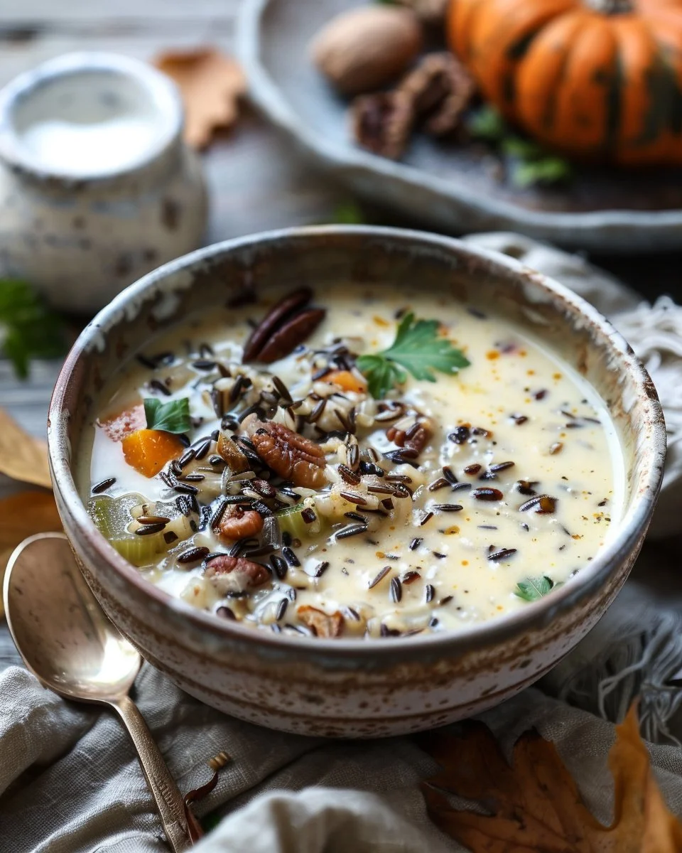 Bowl of cozy autumn wild rice soup garnished with herbs and vegetables