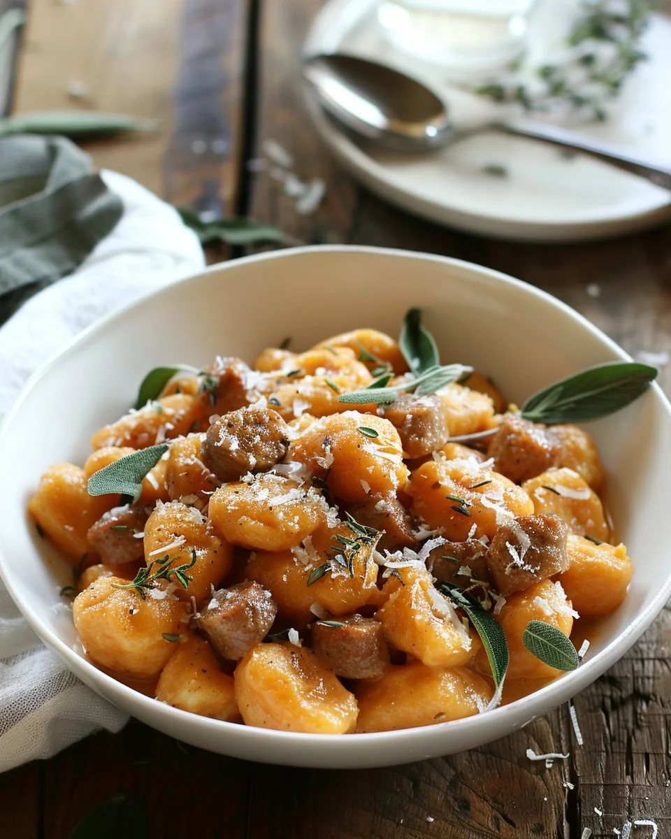 Creamy butternut squash gnocchi dish with sausage, thyme, and sage garnish