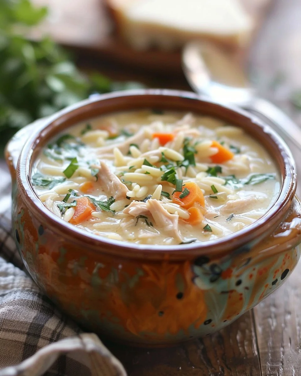 Bowl of creamy Chicken Orzo Soup with herbs and chicken pieces