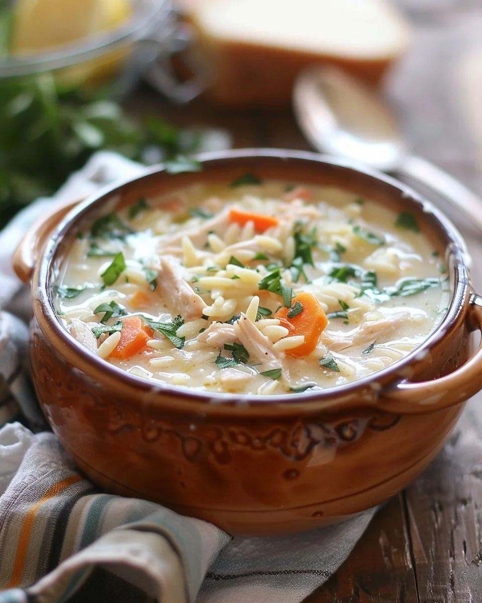 Bowl of creamy lemon chicken orzo soup garnished with fresh herbs