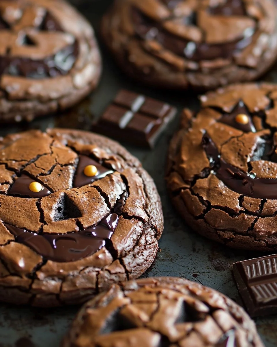 Dark chocolate Halloween cookies decorated with spooky designs