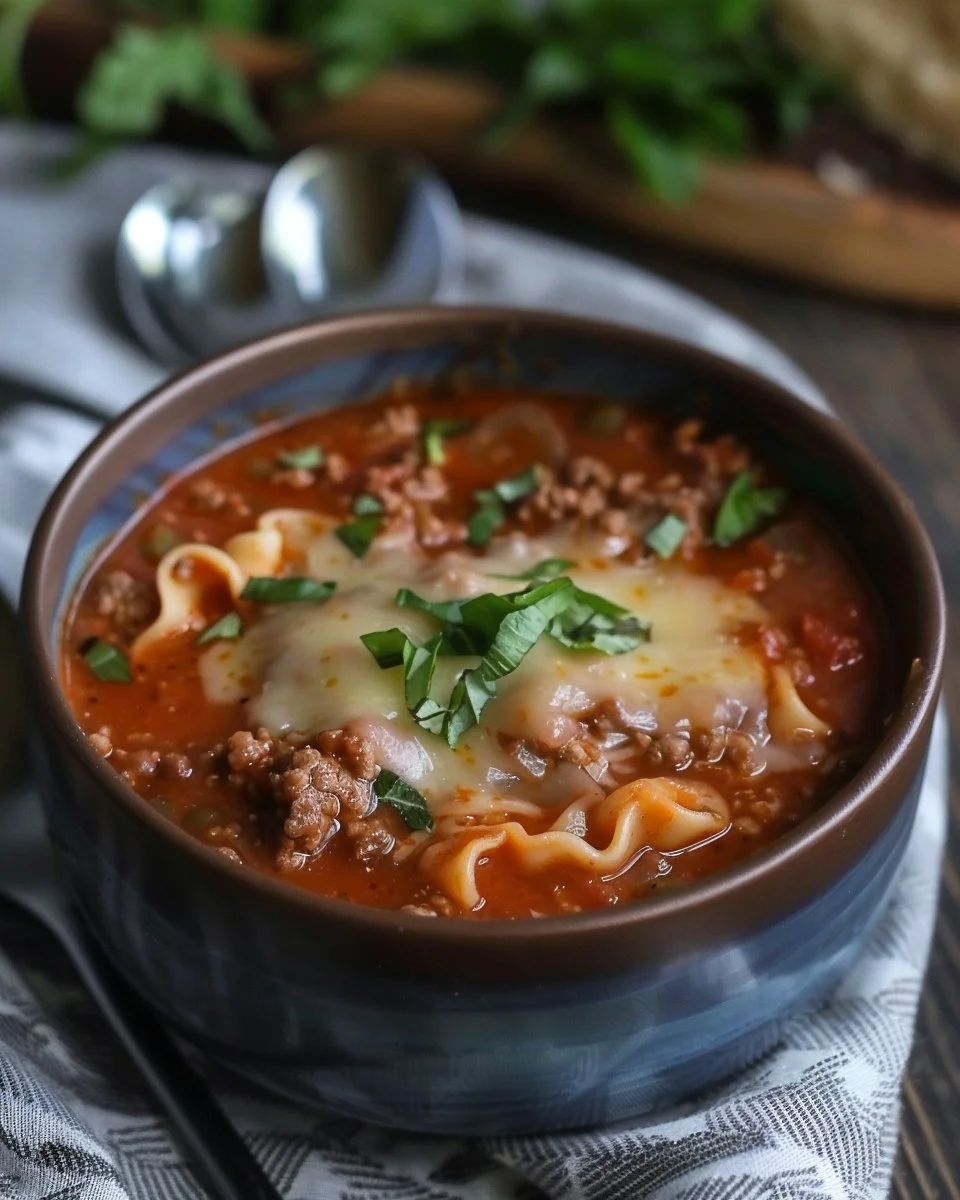 Bowl of delicious lasagna soup with noodles, cheese, and herbs