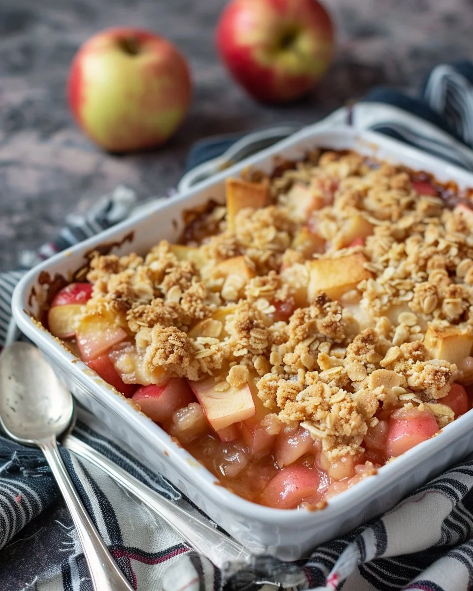 Homemade easy apple rhubarb crisp served in a bowl, topped with vanilla ice cream.