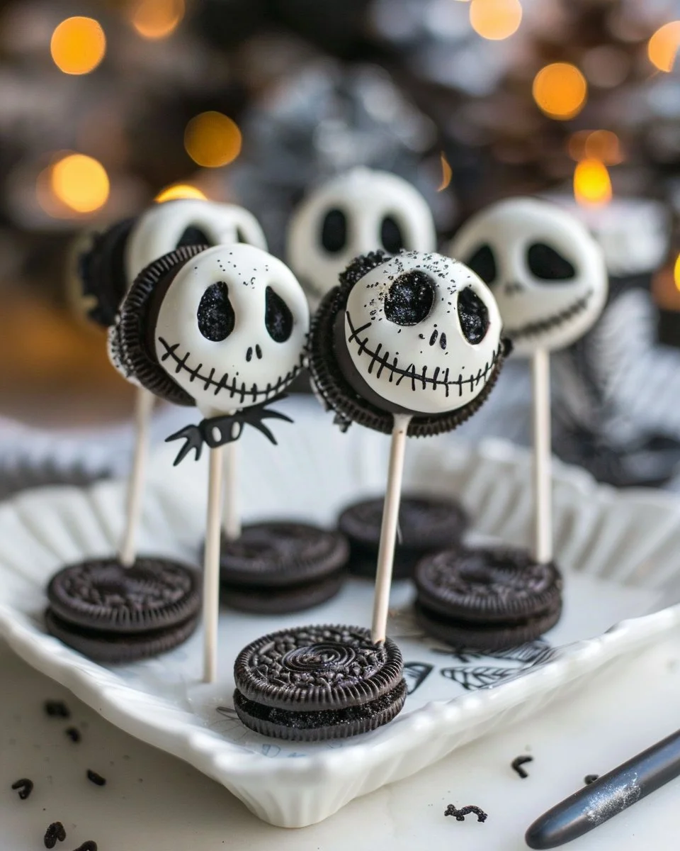 Jack Skellington themed Oreo Pops for Halloween treats.