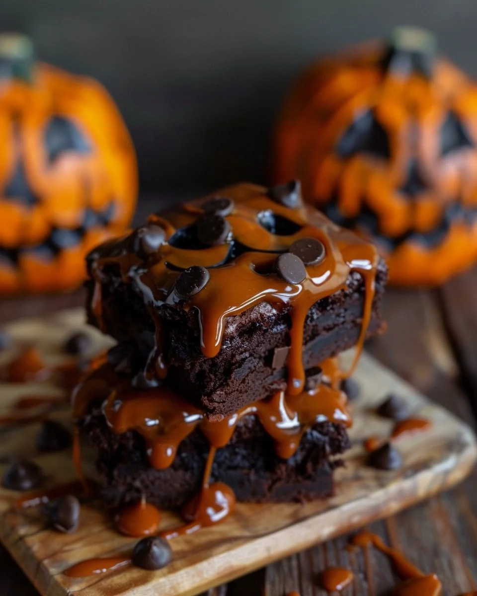 Melted Jack O' Lantern Brownies decorated for Halloween