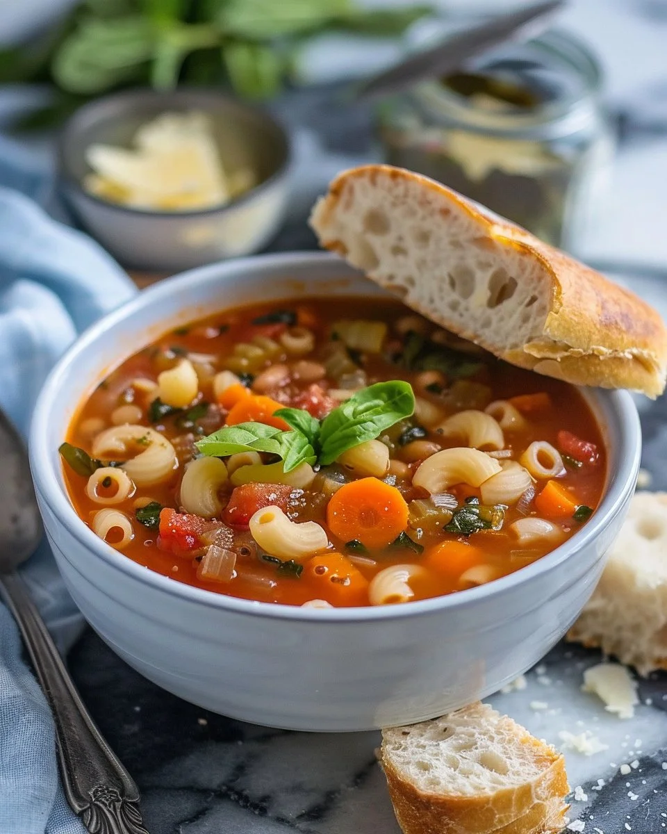 A bowl of hearty minestrone soup filled with vegetables and beans