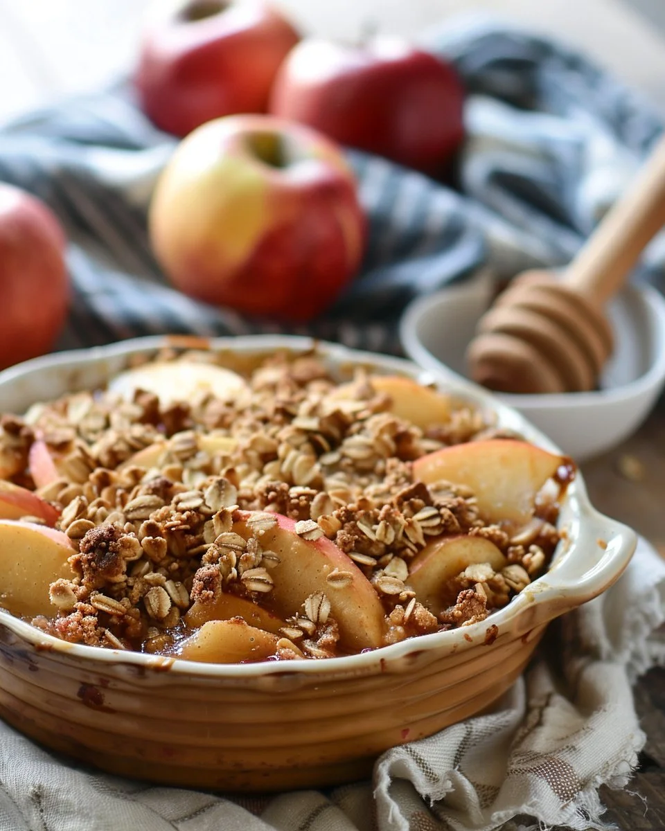 Delicious mom's apple crisp topped with crunchy oats on a wooden table