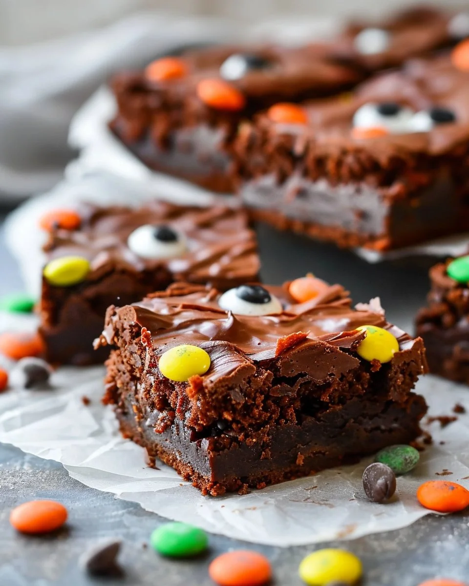 Delicious Monster Mash Brownies decorated for Halloween
