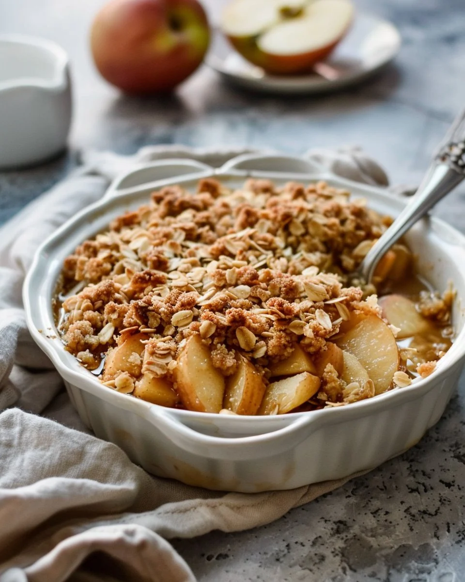 Bowl of homemade Old-Fashioned Apple Crisp topped with ice cream