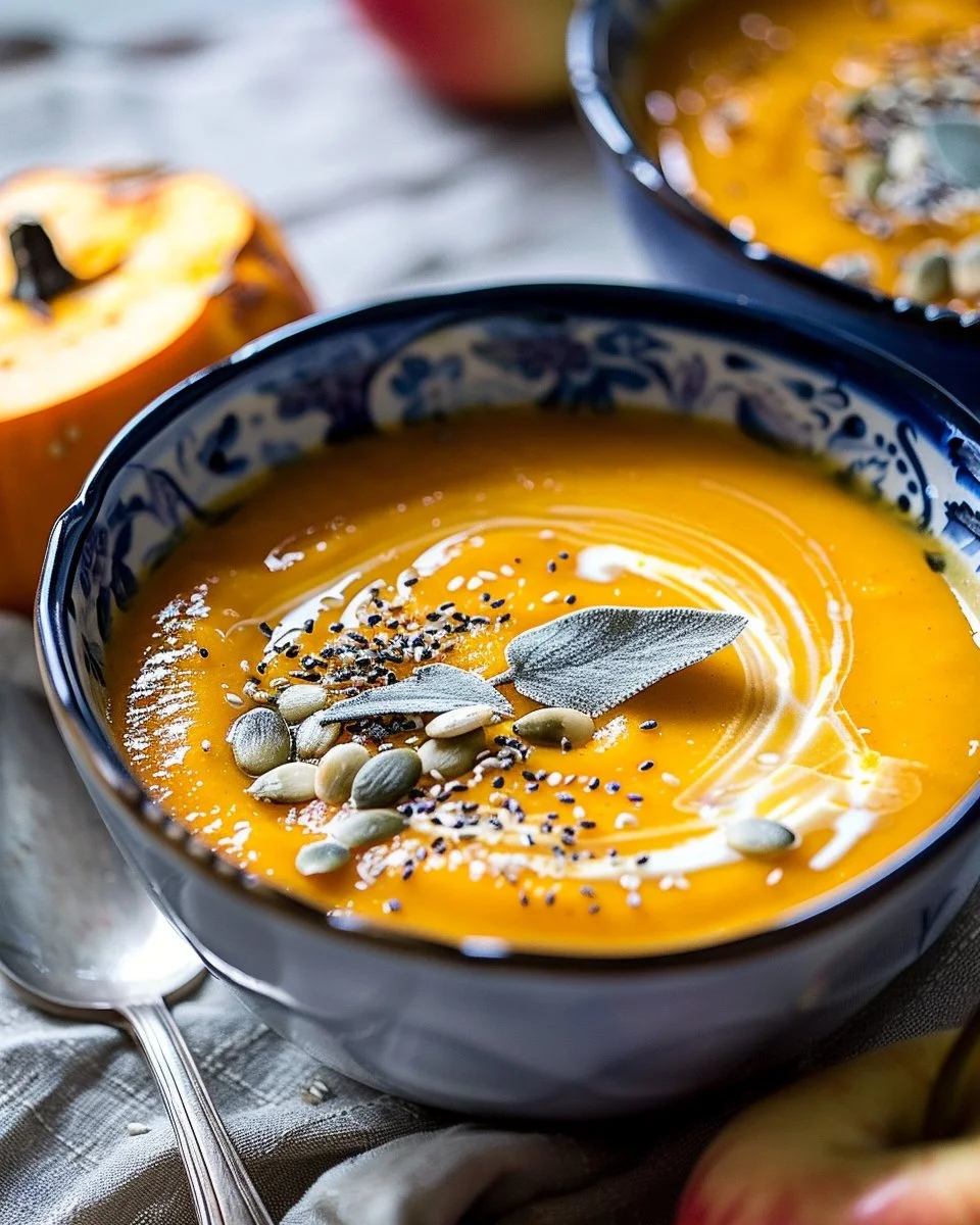 Delicious bowl of Pumpkin Apple Soup topped with herbs and spices.