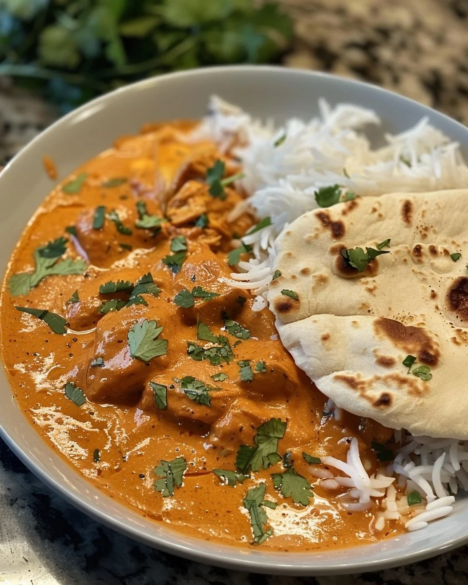 Delicious plate of Seema's Butter Chicken garnished with fresh cilantro