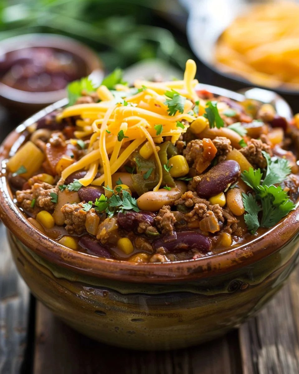Slow Cooker Cowboy Casserole with ground beef, potatoes, and beans in a bowl