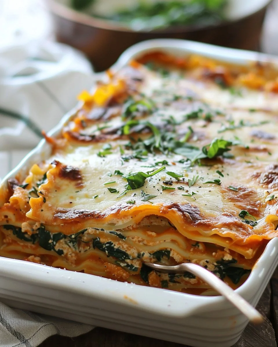A serving of vegetarian pumpkin spinach lasagna topped with cheese and fresh herbs