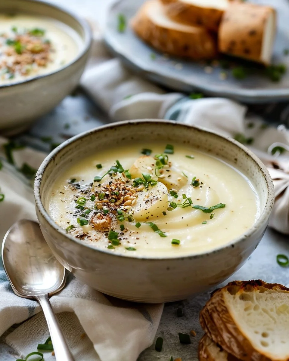 Bowl of velvety potato leek soup garnished with herbs and served with bread